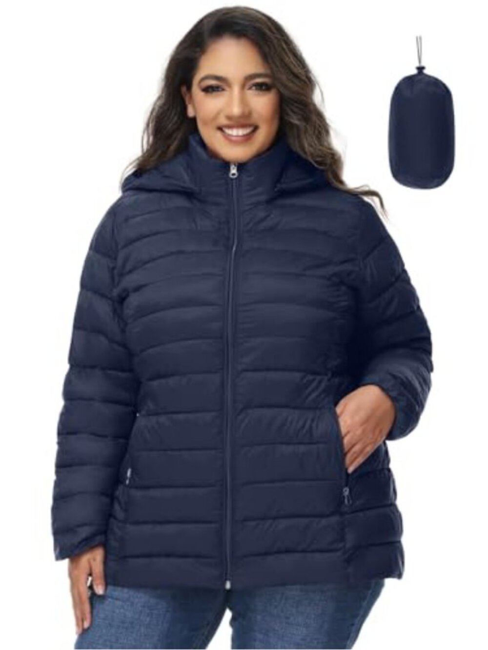Plus Size Quilted Puffer Jacket with Hood Packable Lightweight Travel Coat